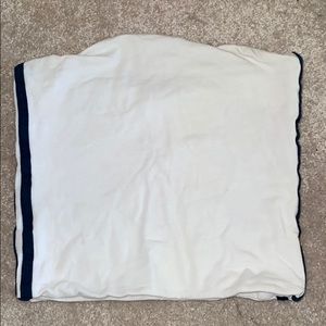 White tube top with two blue stripes.